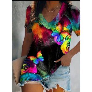 2X (16) Vibrant Butterfly & Rose Print V Neck Short Sleeve Top Women's Casual